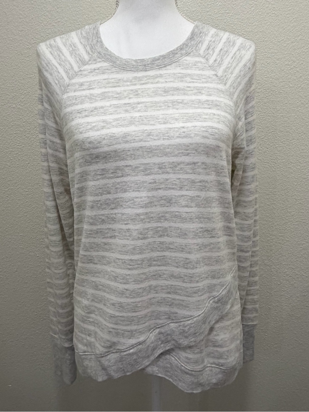 Athleta heathered gray and white striped long sleeve pullover top, small